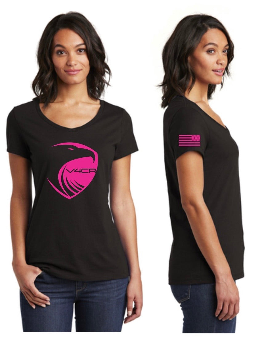 Women's Black w/Hot Pink V-Neck Fitted T-shirt